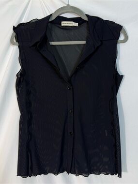 Emporio Armani Womens size 10 Black Sheer Mesh Sleeveless Collared Button-Up Top